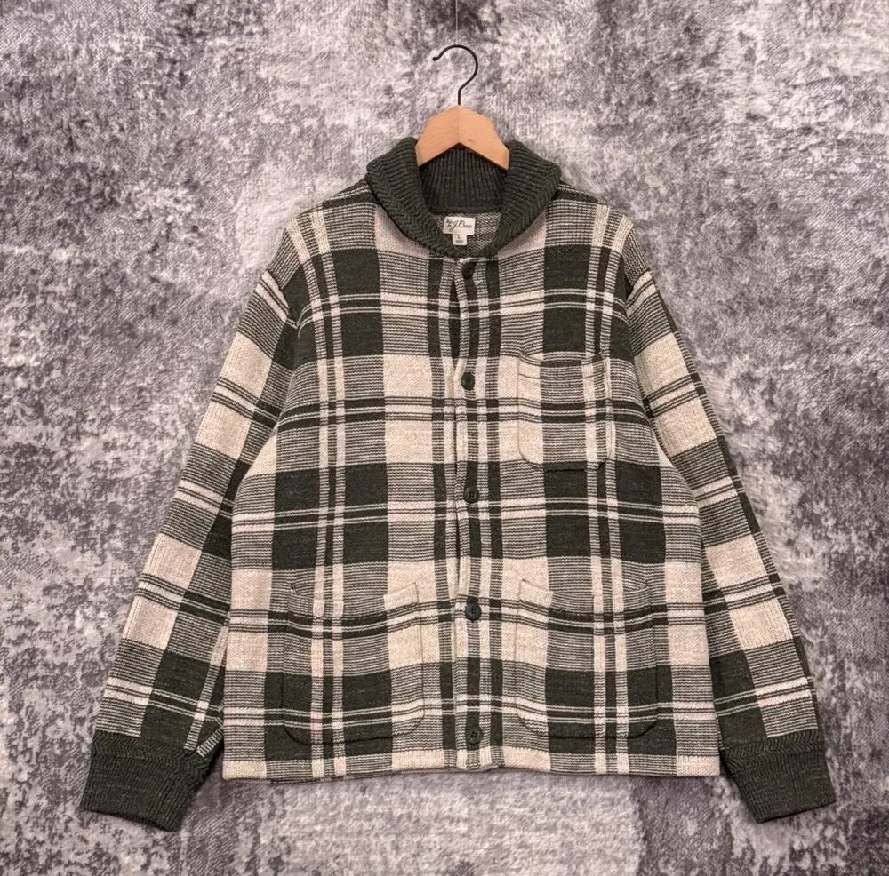 J Crew Cotton Knit Chore Jacket Heavyweight Cardigan Large Mens Green Plaid